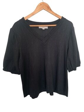 LOFT Black V-Neck Textured Puff Sleeve Boxy Top Blouse XL
